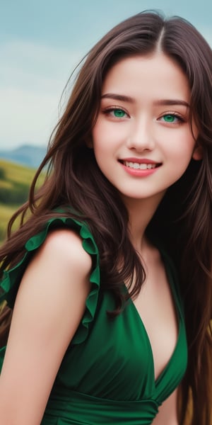 (masterpiece),(((15 year old))) ((best quality)), ((True Color)), Vintage Retro Photography, ultra-detailed, (Fashion Editorial), (illustration),  (dynamic angle), (Portrait),  (woman), ((detailed face)), (extra long hair), (Red and Green dress), beautiful detailed Green eyes, (mystical landscape), (good anatomy), Smile, 