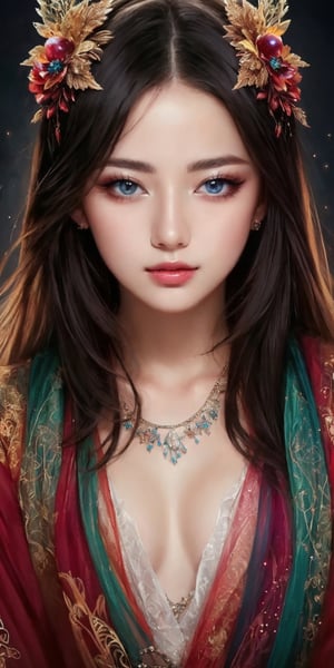 (masterpiece, top quality, best quality, official art, beautiful and aesthetic:1.2), (1girl), extreme detailed,(abstract, fractal art:1.3),highest detailed, detailed_eyes, light_particles, hanfu,jewelry, sexy, ,red,