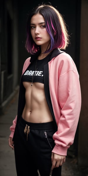 dark gothic cyberpunk woman, defiant face, pastel colors, in clothes, colorful hair, light yellow sweatshirt, pants, black, with pink, guns hd, high detail, huoshen, TheLastOfUs, mgln
