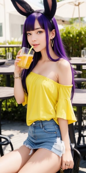 Generate hyper realistic image of a playful woman with bunny ears and an hourglass body, sitting at a table outdoors. Her long, purple hair is adorned with fake animal ears, and her parted bangs frame her face delicately. Dressed in a yellow off-shoulder shirt and a black miniskirt, she holds a cup with a drinking straw, her earrings glinting in the daylight, cute face