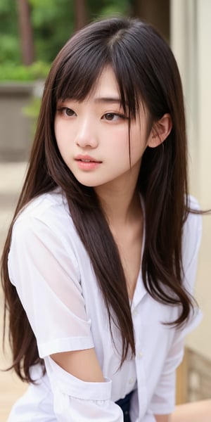 a close up of a woman with long hair wearing a white shirt, 1 8 yo, 18 years old, 19-year-old girl, xintong chen, korean girl, xision wu, heonhwa choe, 2 2 years old, 21 years old, ulzzang, wenfei ye, young cute wan asian face, lips