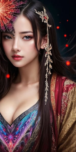 (masterpiece, top quality, best quality, official art, beautiful and aesthetic:1.2), (1girl), extreme detailed,(abstract, fractal art:1.3),highest detailed, detailed_eyes, light_particles, hanfu,jewelry, sexy, ,red,