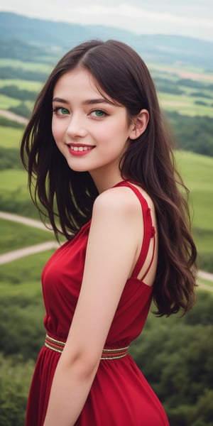 (masterpiece),(((10 year old))) ((best quality)), ((True Color)), Vintage Retro Photography, ultra-detailed, (Fashion Editorial), (illustration),  (dynamic angle), (Portrait),  (woman), ((detailed face)), (extra long hair), (Red and Green dress), beautiful detailed Green eyes, (mystical landscape), (good anatomy), Smile, 