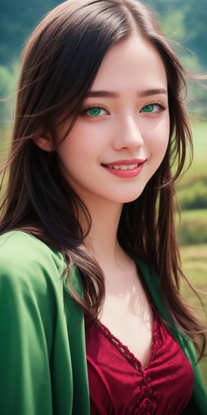 (masterpiece),(((20 year old))) ((best quality)), ((True Color)), Vintage Retro Photography, ultra-detailed, (Fashion Editorial), (illustration),  (dynamic angle), (Portrait),  (woman), ((detailed face)), (extra long hair), (Red and Green dress), beautiful detailed Green eyes, (mystical landscape), (good anatomy), Smile, 