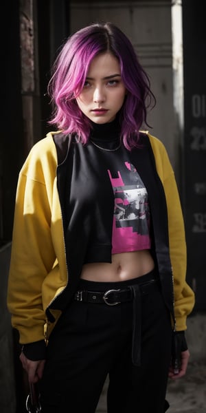 dark gothic cyberpunk woman, defiant face, pastel colors, in clothes, colorful hair, light yellow sweatshirt, pants, black, with pink, guns hd, high detail, huoshen, TheLastOfUs, mgln
