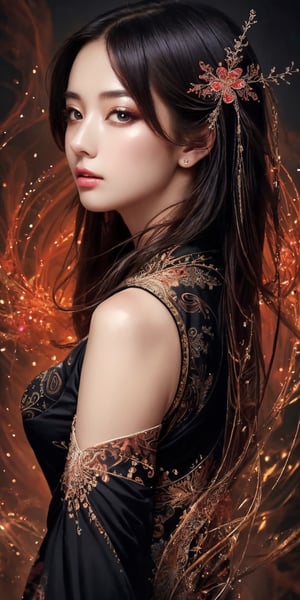 (masterpiece, top quality, best quality, official art, beautiful and aesthetic:1.2), (1girl), extreme detailed,(abstract, fractal art:1.3),highest detailed, detailed_eyes, light_particles, hanfu,jewelry, sexy, ,red,