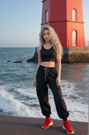 photorealistic,portrait of hubggirl, 
French girl,grey blonde hair(very long hair, curly_hair),long ponytail,hiphop dancer,wearing all black clothes (loose fit top and wide cargo pants),sneakers,accessories(necklace,ear_rings), standing in the sea,horizon,seaside,vivid sea color,red lighthouse,sunset,Best Quality, 32k, photorealistic, ultra-detailed, finely detailed, high resolution, perfect dynamic composition, beautiful detailed eyes, sharp-focus, 