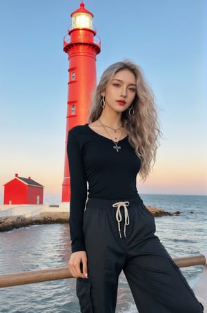 photorealistic,portrait of hubggirl, 
French girl,grey blonde hair(very long hair, curly_hair),long ponytail,hiphop dancer,wearing all black clothes (loose fit top and wide cargo pants),sneakers,accessories(necklace,ear_rings), standing in the sea,horizon,seaside,vivid sea color,red lighthouse,sunset,Best Quality, 32k, photorealistic, ultra-detailed, finely detailed, high resolution, perfect dynamic composition, beautiful detailed eyes, sharp-focus, 