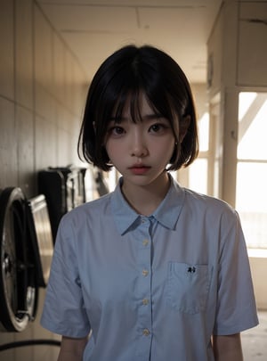 A 20 years old korean girl with short blonde hair and bangs. She is in the garage, standing in the garage wall. Wearing school uniform. Sunlight hitting her face