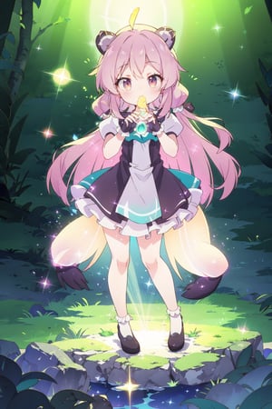 
a moe girl with raccoon ears, with thick abundant hair, magician costume, cute pose, beautiful background with pastel dark green lighting details with cute luminous magic effects, with aura and shine on her full body good quality