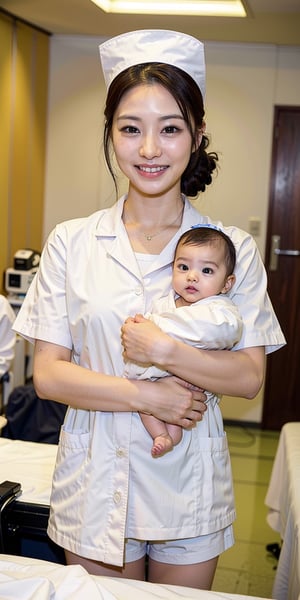 (highest quality、table top、8k、best image quality、Award-winning work)、(holding a baby、30-year-old nurse、white nurse coat semi open button up coat、holding a baby、(real and perfect baby:1.2)、(accurate real baby:1.2)、(detailed and perfect baby:1.2)、perfect hands、perfect arms、real white nurse uniform、plain white real nurse cap、chignon、brown hair、(very bright lighting:1.2)、White color、Look at me with a smile、white teeth、perfect makeup、、take a photo close to the face、highly detailed face、White and clean teeth、big breasts、emphasize body line、smile at me with love、beautiful skin with white and shiny、pure white hospital room、(非常に明るいpure white hospital room:1.3)、(very brightly lit face:1.2)、Perfect shiny hair、Perfect shiny white skin、Perfect shiny hair、glossy beautiful lips、Detailed depiction of the background of the hospital room、The most natural and perfect hospital room、(accurate anatomy:1.2)、(Very strong exposure:1.2)、(very strong cold lighting:1.2)、(low color temperature:1.2)、(very refreshing bright light:1.2),NURSE UNIFORM NURSE CAP