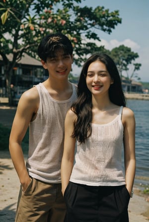 1 guy and 1 girl .stand parallel,

[Guy: [(shor), brown eyes, handsome, indonesian face, wearing a tanktop and short pants,black glasses ]]

[girl: [wearing a tanktop and short skirt,hat,asian face,smile]]
smile expression,detailed,beach background suns