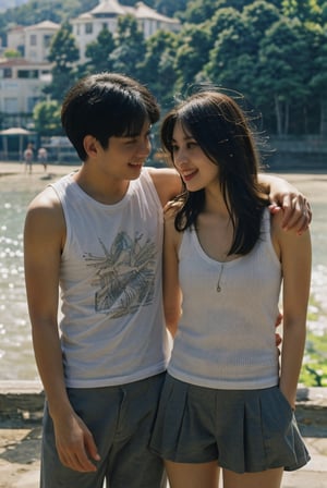 1 guy and 1 girl .stand parallel,

[Guy: [(shor), brown eyes, handsome, indonesian face, wearing a tanktop and short pants,black glasses ]]

[girl: [wearing a tanktop and short skirt,hat,asian face,smile]]
smile expression,detailed,beach background suns