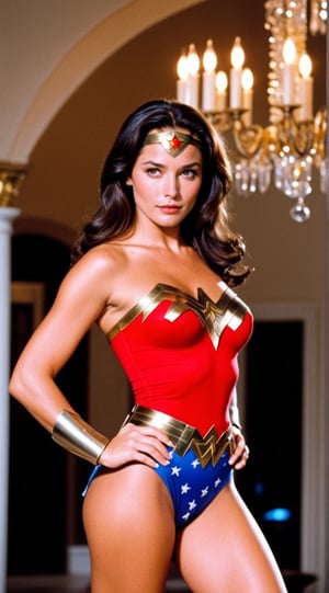 1970s wonder woman from TV show, large breasts, bright colourshigh resolution digital photo, detailed pretty face, ((tied to chandelier, legs spread:2.2))