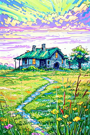 An old house stands in the middle of a vast grassland, its façade worn but full of charm. The lighting is dim, highlighting the natural beauty that surrounds it. The view from the house is stunning, with rolling meadows and an endless sky. Despite its age, the house brims with life and tranquility, offering a cozy refuge in the middle of nature.