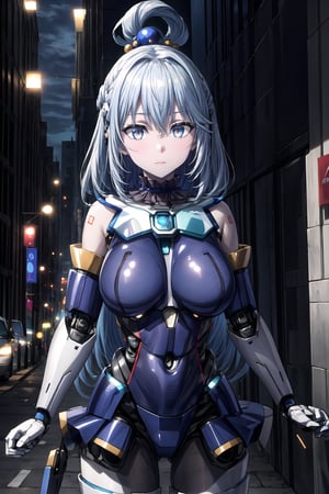 Highly detailed, High quality, Masterpiece, Beautiful, high detailed, Anime, 1 girl, (cowboy shot), looking_at_viewer, beautiful hands, large breasts, breasts,,aaaqua, long hair, blue hair, hair rings, hair ornament, choker, bare shoulders, green bow, blue shirt, detached sleeves, blue skirt, thighhighs,android, joints, android parts, glowing eyes, 