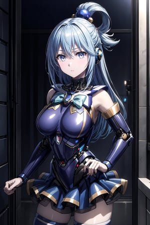 Highly detailed, High quality, Masterpiece, Beautiful, high detailed, Anime, 1 girl, (cowboy shot), looking_at_viewer, beautiful hands, large breasts, breasts,,aaaqua, long hair, blue hair, hair rings, hair ornament, choker, bare shoulders, green bow, blue shirt, detached sleeves, blue skirt, thighhighs,android, joints, android parts, glowing eyes, 