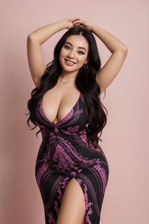 A stunning young woman stands confidently in a vibrant pink background, her long, black hair cascading down her back. She wears a printed dress that showcases her curves, paired with high heels and fitted pants. A bright smile spreads across her face as she leans against one hip, drawing attention to the elegant jewelry adorning her ears. The focus is on her, with the simple background allowing her beauty to shine.