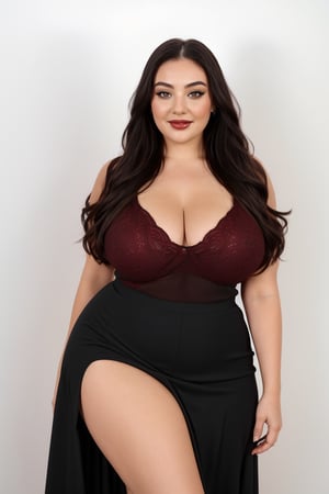 A curvaceous plus-sized model stands confidently in front of a Whiteboard, her long black hair cascading down her back like a waterfall. Her bright brown eyes sparkle with a warm smile as she looks directly at the viewer, her full lips painted with vibrant red lipstick. Her voluptuous figure is accentuated by her bold choice - Smile Face, ( Red Blouse Long Skirt ) that provide a clear view of her generous assets. With a subtle see-through effect, the bras add to the overall seductive vibe. The framing of the shot showcases her entire body, highlighting her curves and confident pose against the minimalist white backdrop. dark Red lips, sexy style Pose, large_breasts,