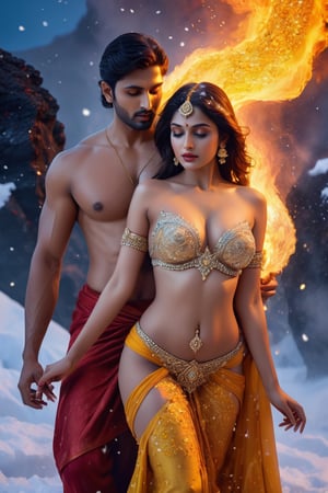 masterpiece, breathtaking seductive indian couple of apsaras in celestial snowy garden, intimate romantic scene, rose petals spread around, wearing fire gown flowing with air, yellow sapphire gemstone, ice particals shining in air, sexy panty, big_boobies, deep cleavage, blue eyes, seductive facial expressions, naked_thigh, detailed_eyes, glossy lips, detailed realistic face, very short brown hair, slim waist, naked navel, curvy_figure, photorealistic, epic fiery volcanic background.