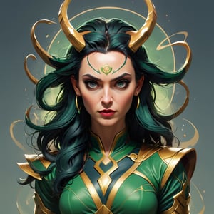 Excellence masterpice T-shirt design illustration of female loki angry, sharper, clean lines, outline, muted colors, tshirt design