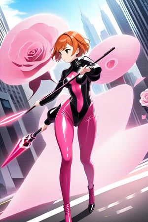 girl with short orange hair hitting brown eyes on the road standing in pink latex suit covers full body futuristic with staff in pink and black futuristic roses in hand hitting with pink and black staff fighting poses diferents angules  in the city