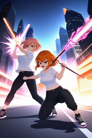 girl short orange hair bangs brown eyes white t-shirt short sleeves big tits and long pants black jeans simple black sneakers on the road fighting poses with an angry face fight with a pink futuristic staff on the road city at night fighting with the staff in her hand different poses