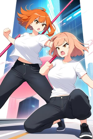girl short orange hair bangs brown eyes white t-shirt short sleeves big tits and long pants black jeans black sneakers simple on the road fighting poses with angry face fight with a big pink futuristic staff