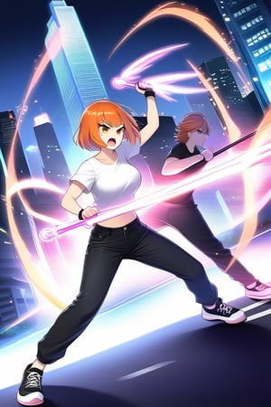 girl short orange hair bangs brown eyes white t-shirt short sleeves big tits and long pants black jeans simple black sneakers on the road fighting poses with an angry face fight with a pink futuristic staff on the road city at night fighting with the staff in her hand different poses