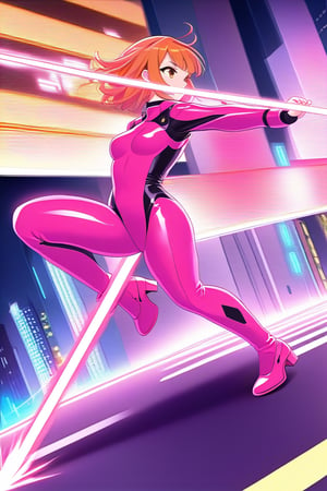 girl short orange hair bangs brown eyes on the road fight with a pink futuristic staff on the road city at night fighting with the staff in her hand different poses transformation clothes change into futuristic pink latex suits