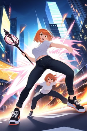 girl short orange hair bangs brown eyes white t-shirt short sleeves big tits and long pants black jeans simple black sneakers on the road fighting poses with an angry face fight with a pink futuristic staff on the road city at night fighting with the staff in her hand different poses