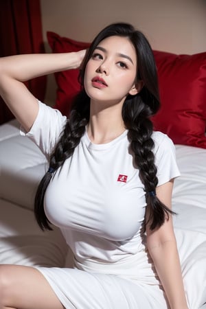 silk cloths, very long hair, 24-year-old beautiful girl, stunner, sleep on bed, close-up --auto --s2, red lips, braided hair, beautiful, tight t shirt over big boobs, crew neck t shirt, dark black hair, very black hair, cotton cloths, thick cotton cloths, shiny lips,Lipstick, eyes open, ((bold red lips)),Lipstick, long black hair, extra long hair, super long hair super long hair,Extremely Realistic, deep red lips, realistic red lips, white t shirt, thick white cotton t shirt, laying down on bed, arms above head, realistic pose, lying on back, looking up at camera, head on pillow, arms stretched far above head, arms extended above head,Sexy Pose, red colors