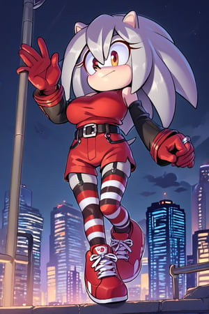 city, night, futuristic city,1 girl,hedgehog,young,smaller girl,big breasts,gray hair,black sleeves,red blouse, red shorts, red tennis shoes,black belt,stockings,striped stockings,black stockings,black lines,gloves, red gloves, rings,source_anime, score_7_up, score_8_up, score_9_up,gray hair,evnstnly