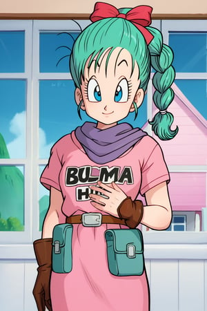 score_9,score_8_up, score_7_up, score_6_up,ultra-detailed face,detailed eyes,masterpiece, best quality, ultra-detailed,in, house, window, chinese window,bulma \(dragonball\),1girl,smile,blue eyes,gloves,ribbon,aqua hair,braided ponytail,hair ribbon,braid,belt,character name,single braid,clothes writing,brown gloves,pouch,purple scarf,fanny pack, 1990s \(style\),arm at side,dragon radar,pink dress,pink dress, short sleeves, single glove,raised eyebrows,eyebrows,eyelashes,drgbls1