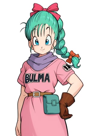 score_9,score_8_up, score_7_up, score_6_up,ultra-detailed face,detailed eyes,masterpiece, best quality, ultra-detailed,bulma \(dragonball\),1girl,smile,blue eyes,gloves,ribbon,aqua hair,braided ponytail,hair ribbon,braid,belt,character name,single braid,clothes writing,brown gloves,pouch,purple scarf,fanny pack, 1990s \(style\),arm at side,dragon radar,pink dress,pink dress, short sleeves, single glove,raised eyebrows,eyebrows,eyelashes,drgbls1