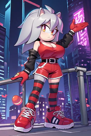 city, night, futuristic city,1 girl,hedgehog,young,smaller girl,big breasts,gray hair,black sleeves,red blouse, red shorts, red tennis shoes,black belt,stockings,striped stockings,black stockings,black lines,gloves, red gloves, rings,source_anime, score_7_up, score_8_up, score_9_up,gray hair,evnstnly