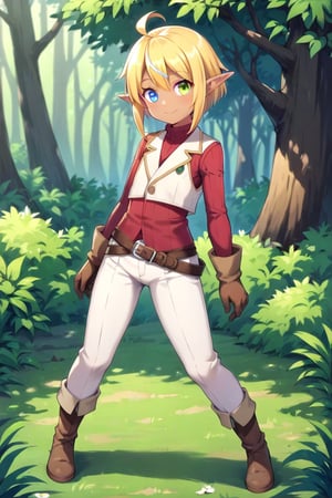 Aura Bella Fiora \(overlord\),1girl,solo,fantasy clothing,smile,short hair,blue eye,green_eye,blonde hair, detail background,gloves,forest background,green eyes,ahoge,female focus,pointy ears,dark skin,jewelry,pointy ears, pants, dark skin,vest,white vest,:3, heterochromia, brown footwear, elf, red shirt, brown gloves, white pants,heterochromia, elf, androgynous,full body,source_anime, score_7_up, score_8_up, score_9_up