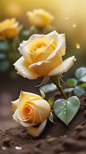 yellow blooming roses growing from the soil,delicate and voluptuous covered by dew in soft brigh light,(falling petals),(blur background),and the petals formed a lovely heart on the ground,

realistic,photo_(medium),photorealistic

