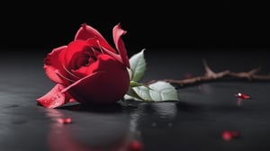blank pure lightblack backround with one  red blooming rose,beautiful and lustful,the petals are falling on the ground,with a thin root system,
photorealistic，

