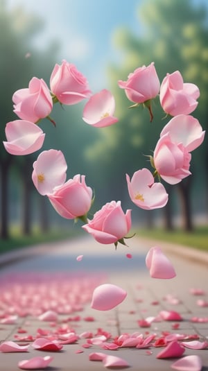 one pink blooming rose,(falling petals),blur background, and the petals formed a heart shape on the ground,
photorealistic

