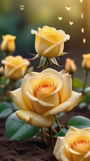 yellow blooming roses grows from the soil,delicate and voluptuous covered by dew in brigh light,(falling petals),(blur background),and the petals formed a lovely heart on the ground,
photorealistic

