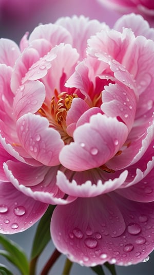 (best quality,8K,highres,masterpiece), ultra-detailed, hyper-realistic image of a dew-covered peony flower at an microscopic level, Capture the intricate details of the flower’s cellular structure, the delicate interplay of light and shadow on its vibrant petals, and the glistening droplets of morning dew clinging to the fine hairs,The background should be a soft, out-of-focus green that suggests the natural environment without detracting from the flower’s stunning details, Emphasize the contrast between the flower’s soft textures and the sharp clarity of the water droplets.