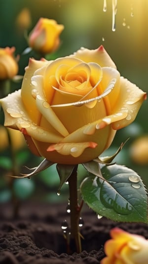 yellow blooming roses grows from the soil,vibrant and dripping with dew like a virgin beauty,(falling petals),(blur background),and the petals formed a lovely heart on the ground,
photorealistic

