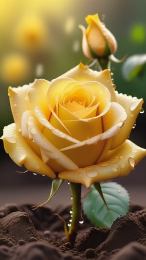 yellow blooming roses grows from the soil,vibrant and dripping with dew like a virgin beauty,(falling petals),(blur background),and the petals formed a lovely heart on the ground,
photorealistic

