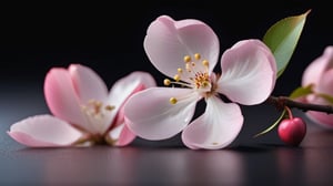 tender crabapple flower and buds,
,delicate and voluptuous covered by drew in morning  soft brigh light,(falling petals),(blur pure simple lightblack background), a lovely heart made by petals on the ground,

realistic,photo_(medium),photorealistic

