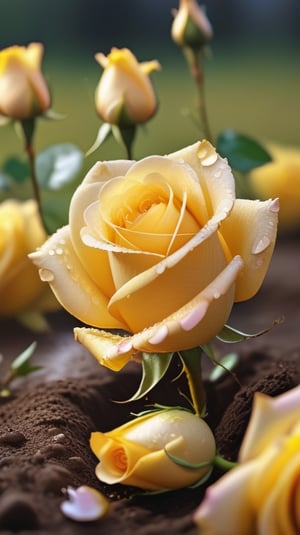 yellow blooming roses growing from the soil,delicate and voluptuous covered by dew in soft brigh light,(falling petals),(blur background),and the petals formed a lovely heart on the ground,

realistic,photo_(medium),photorealistic

