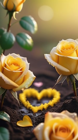 yellow blooming roses grows from the soil,vibrant and dripping with dew in brigh light,(falling petals),(blur background),and the petals formed a lovely heart on the ground,
photorealistic

