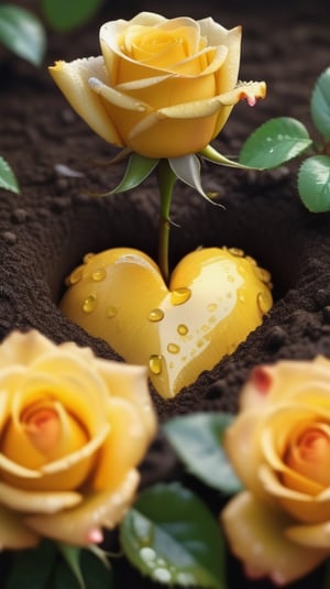 yellow blooming roses grows from the soil,vibrant and dripping with dew in brigh light,(falling petals),(blur background),and the petals formed a lovely heart on the ground,
photorealistic

