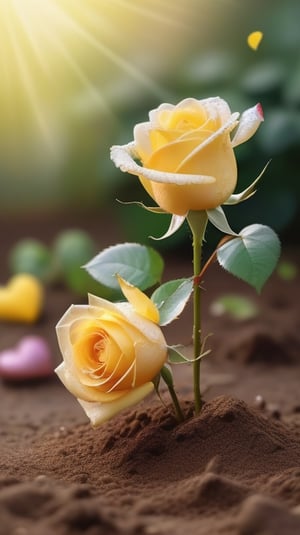 yellow blooming roses growing from the soil,delicate and voluptuous covered by dew in soft brigh light,(falling petals),(blur background),and the petals formed a lovely heart on the ground,
photorealistic

