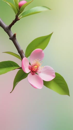 a peach tree branch with one pink flower and one bud, simple pure blank background,colorful, high contrast, detailed flower petals, green leaves, soft natural lighting, delicate and intricate branches, vibrant and saturated colors, high resolution,realistic,masterfully captured,macro detail beautiful 

